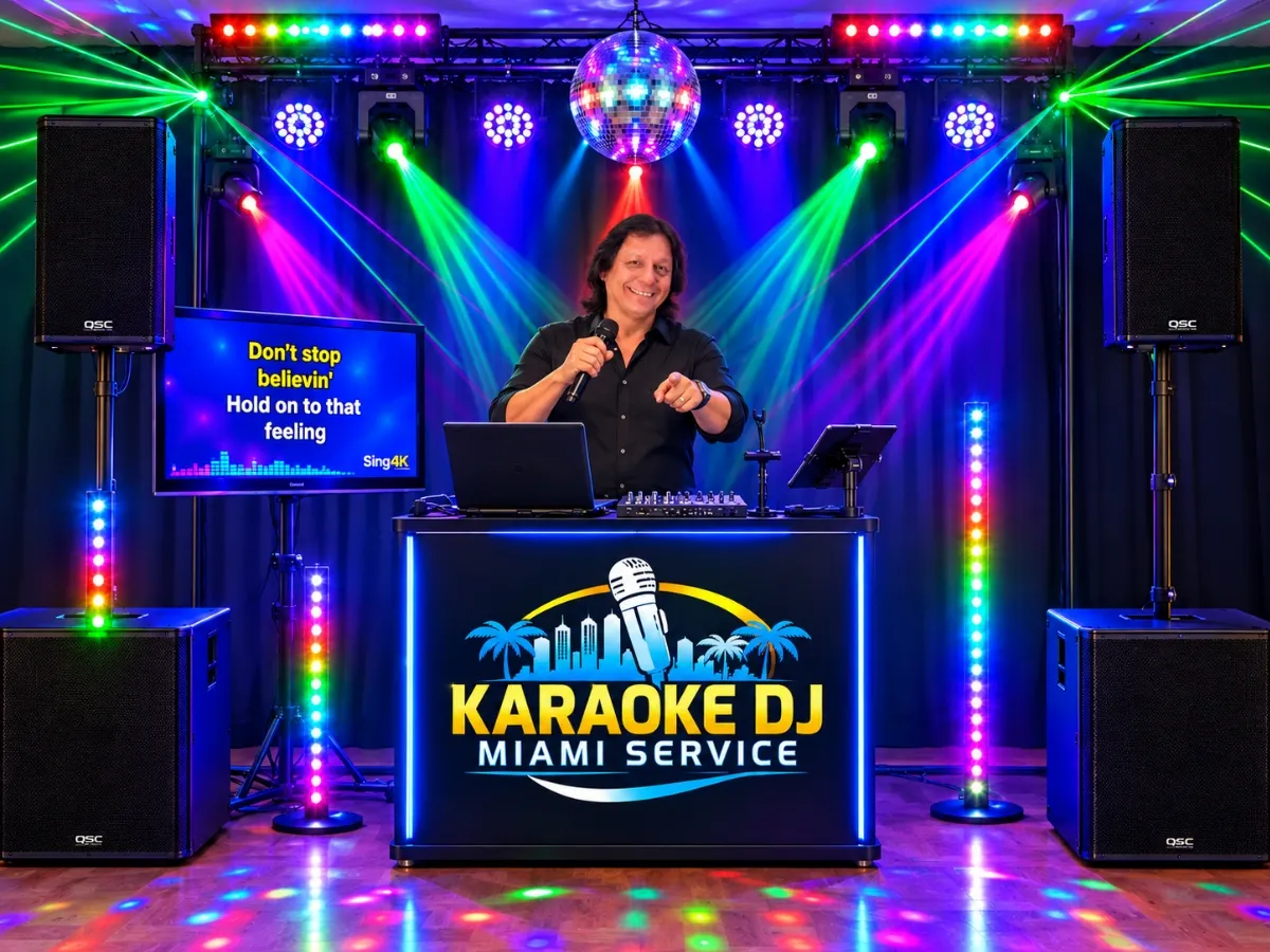 Armando singing on stage with a full karaoke DJ lighting setup